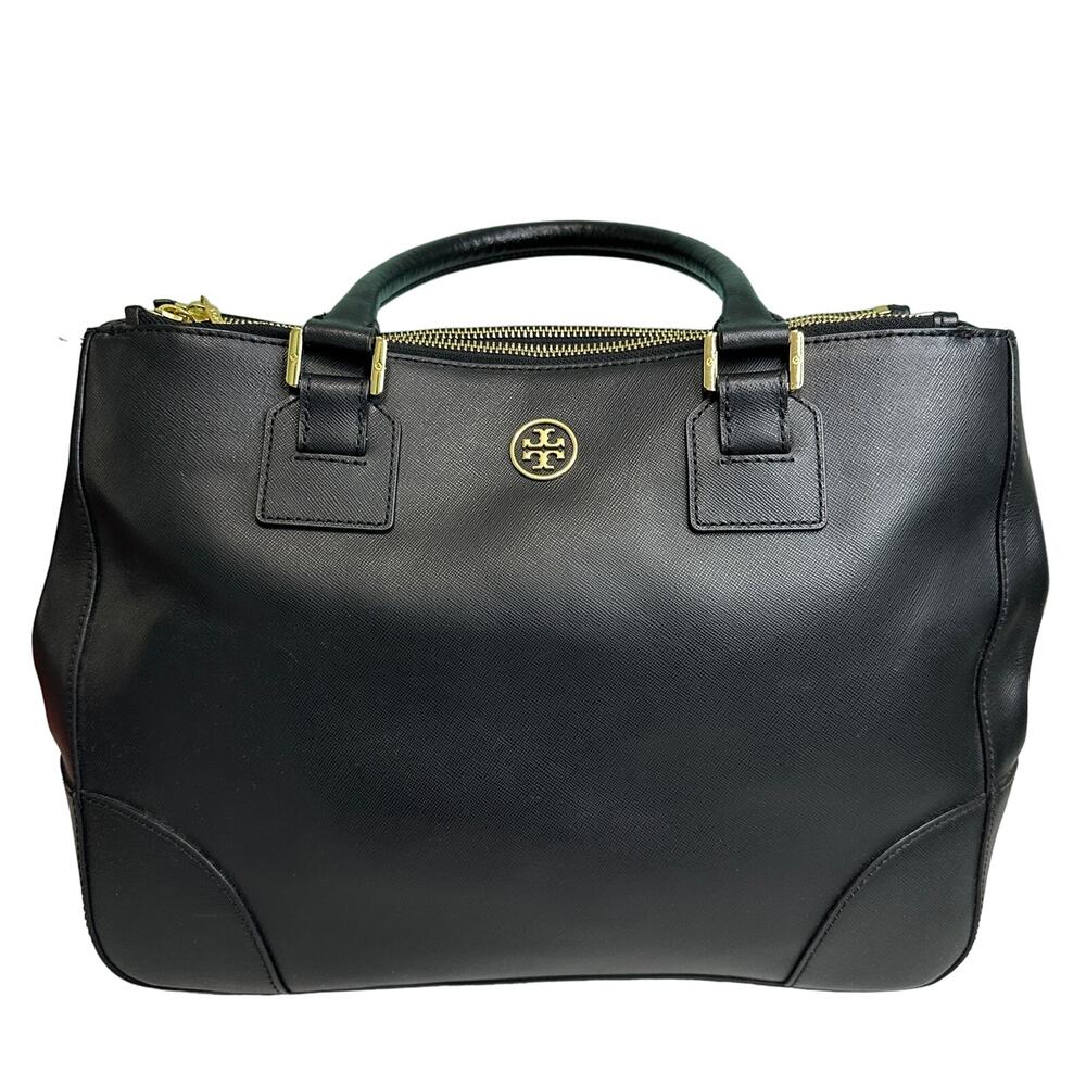 Tory Burch Robinson Double Zip Tote Bag in Black Leather